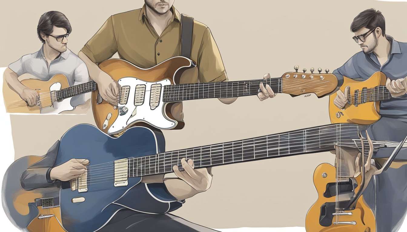 Illustration of a man playing multiple electric guitars in different styles