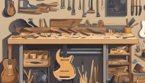 Workshop with guitars, tools, and woodworking materials on a workbench