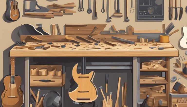 Workshop with guitars, tools, and woodworking materials on a workbench