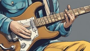 Illustration of a person playing a brown electric guitar, close-up
