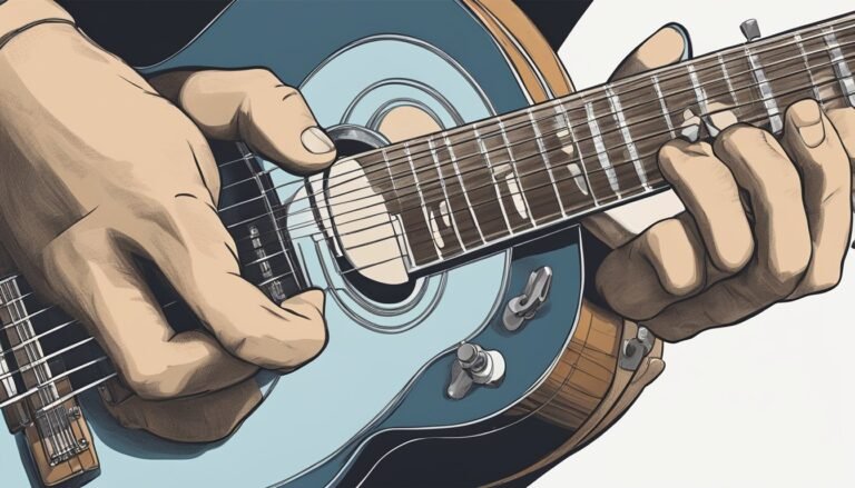 Hands playing a blue electric guitar, close-up view