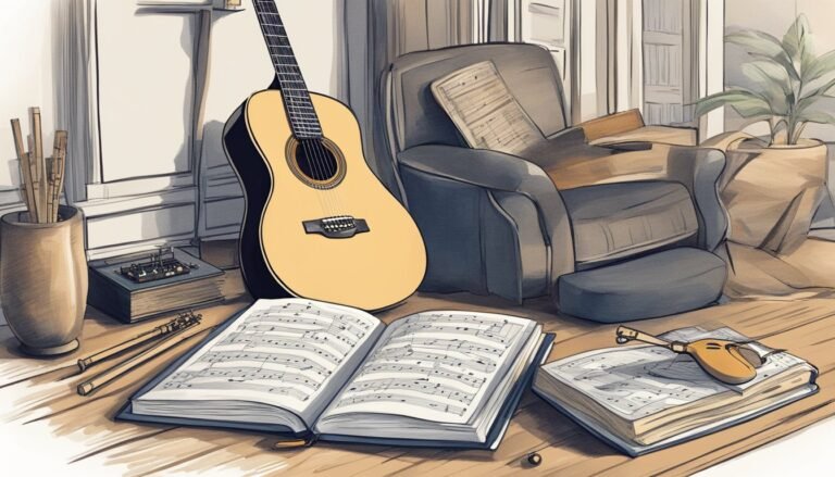 Acoustic guitar, sheet music, and armchair in a cozy, artistic room