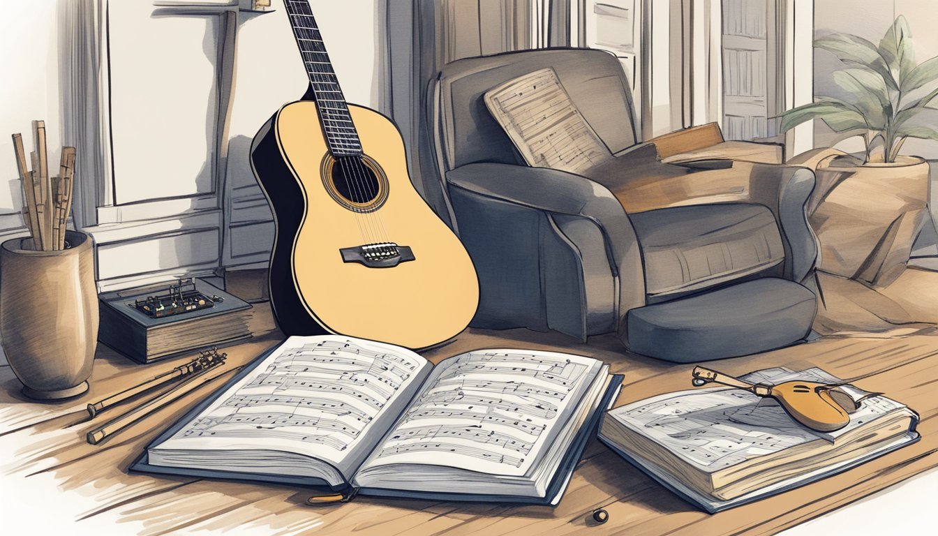 Acoustic guitar, sheet music, and armchair in a cozy, artistic room