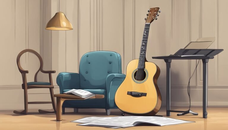 Acoustic guitar leaning against a chair in a cozy, musical room