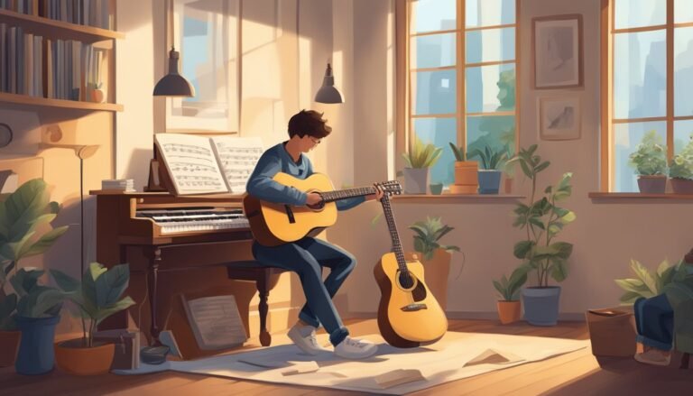A person playing acoustic guitar in a sunlit room with a piano