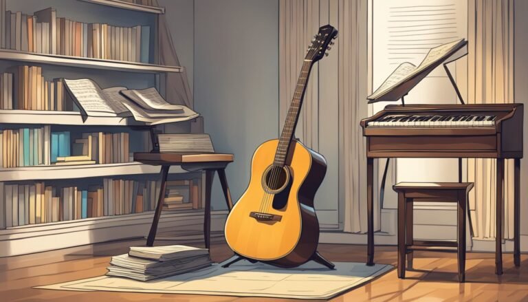 Acoustic guitar, piano, and sheet music in a cozy, musical room