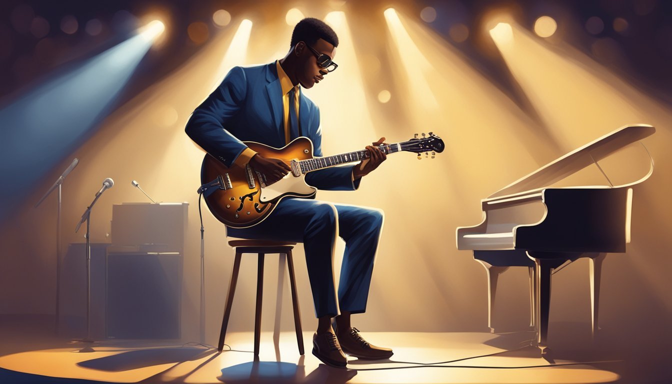 A man in a suit plays guitar on stage near a piano
