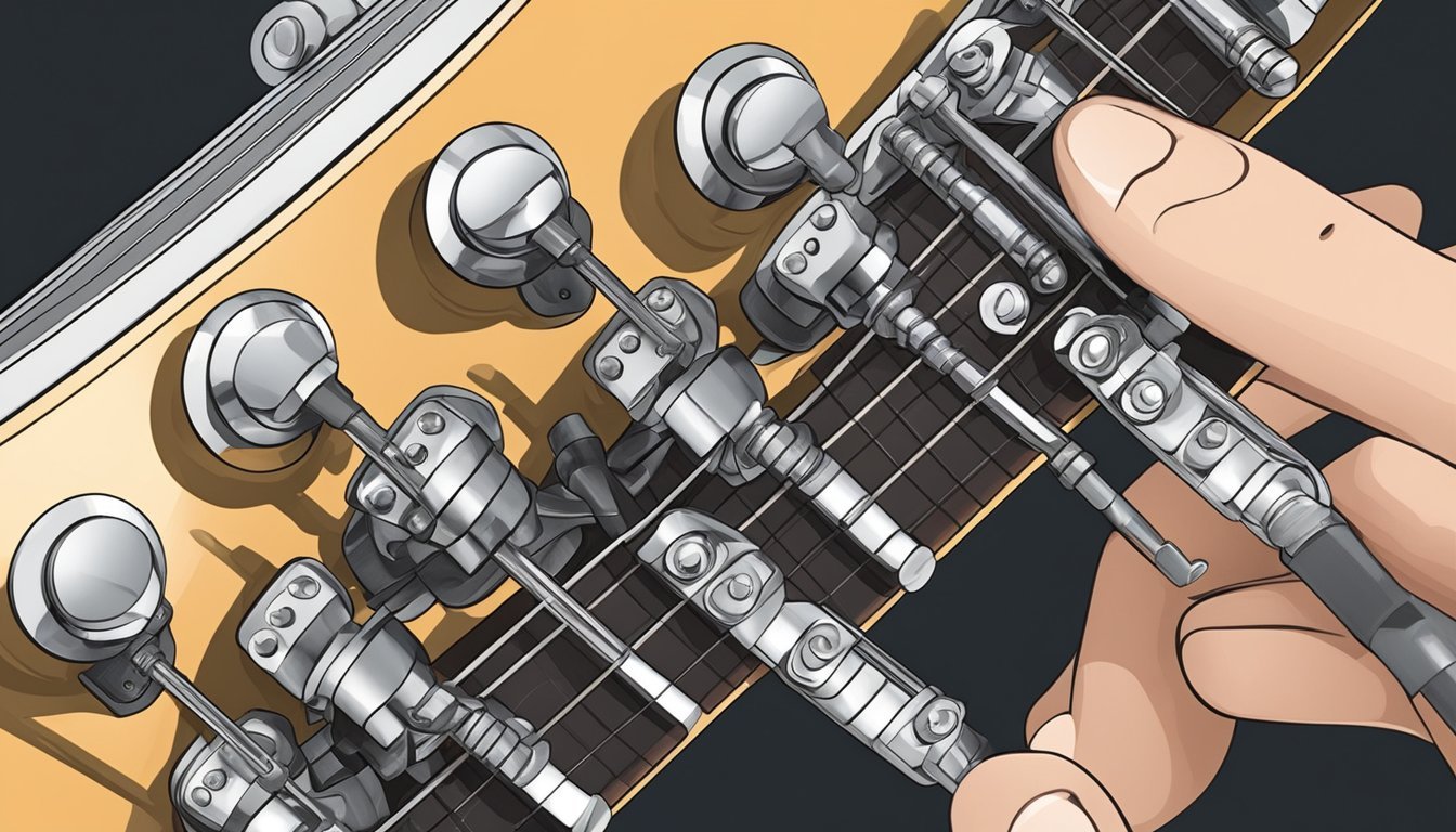 A guitar tuner adjusting the tuning pegs on a guitar headstock
