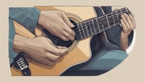 Hands playing an acoustic guitar, close-up view, stylized illustration