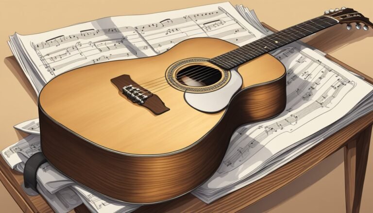 Acoustic guitar resting on a stack of sheet music on a wooden table