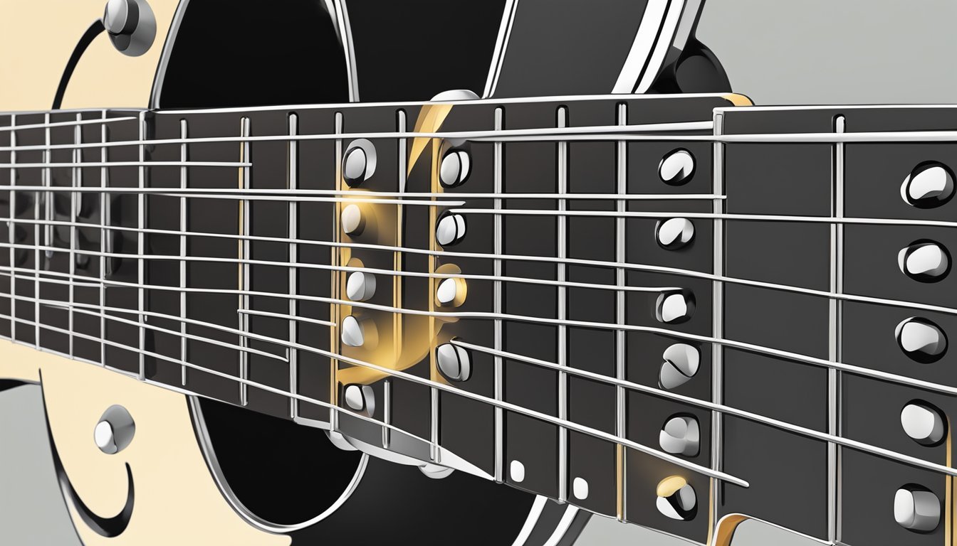 Close-up of a black and gold electric guitar's fretboard and strings