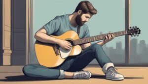 Man with beard playing acoustic guitar, sitting by a window