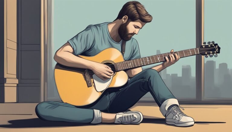 Man with beard playing acoustic guitar, sitting by a window