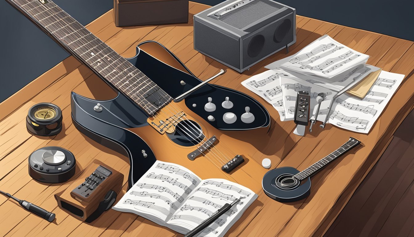 Electric guitar, sheet music, and audio equipment on a wooden table