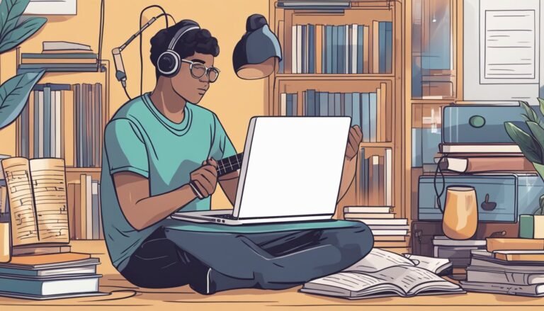 Young man with headphones and laptop surrounded by books