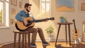 Man playing acoustic guitar in a sunlit room, with plants and art