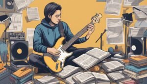 A person playing an electric guitar surrounded by music sheets and books