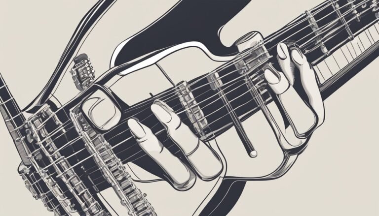 Black and white illustration of a hand playing a guitar
