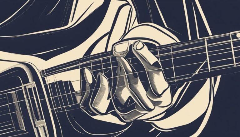 Illustration of a hand playing a guitar, black and white