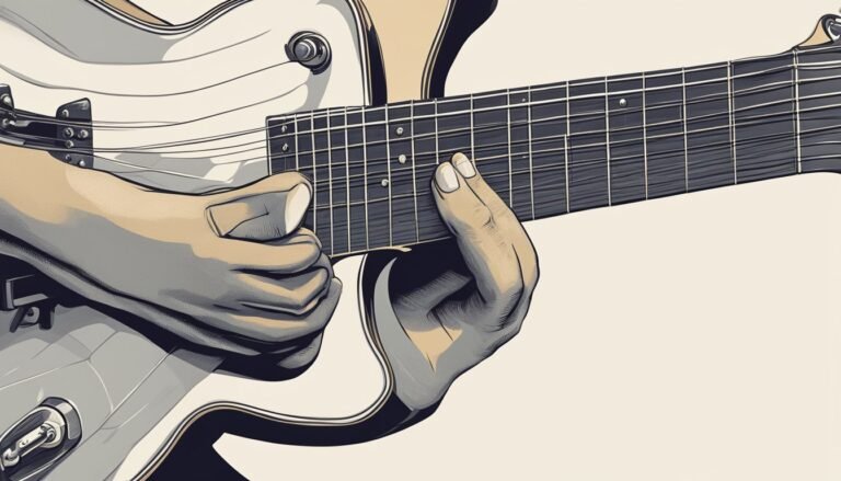 Hands playing a white electric guitar, close-up illustration with a neutral background