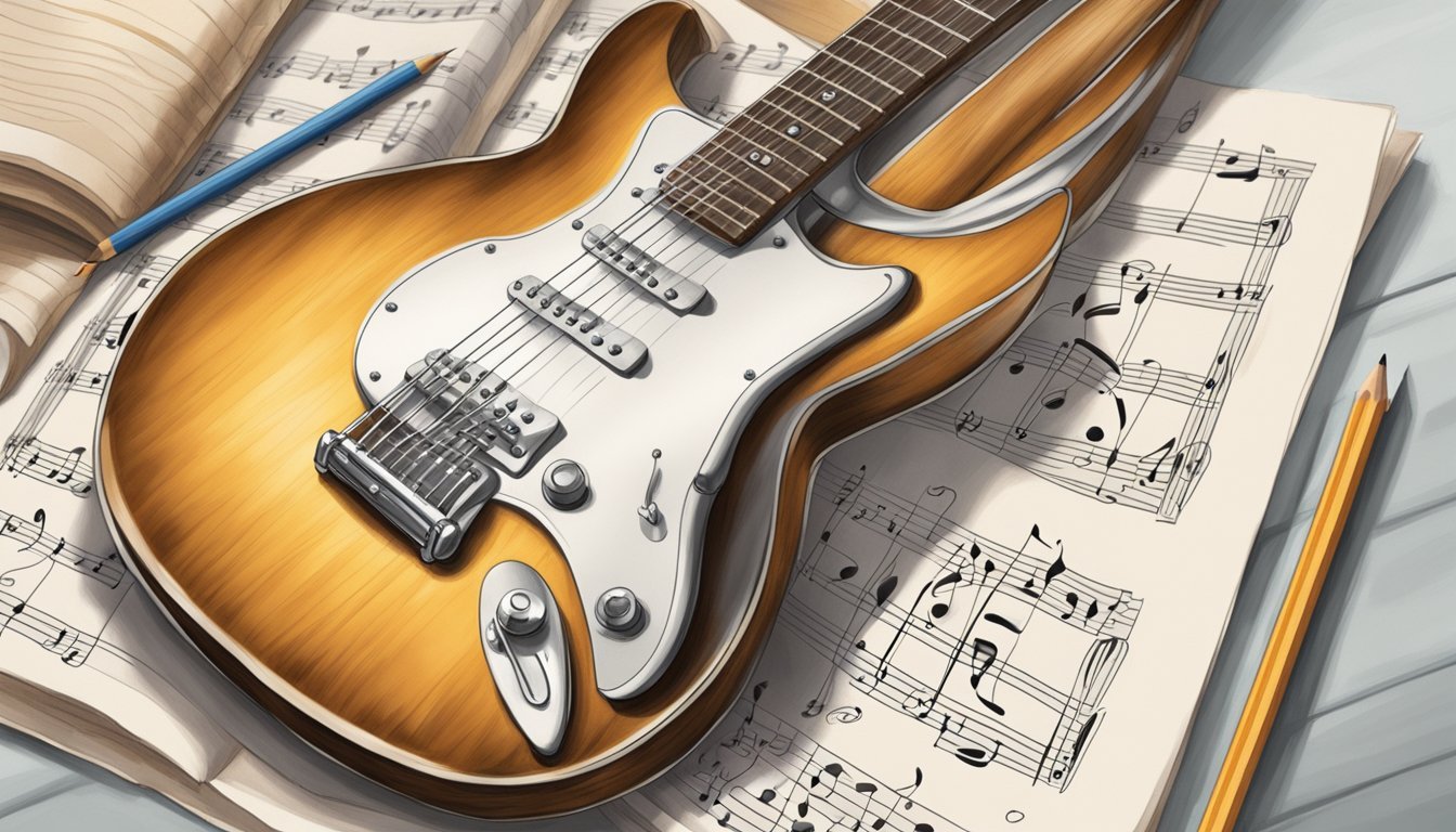 Electric guitar on sheet music with pencils