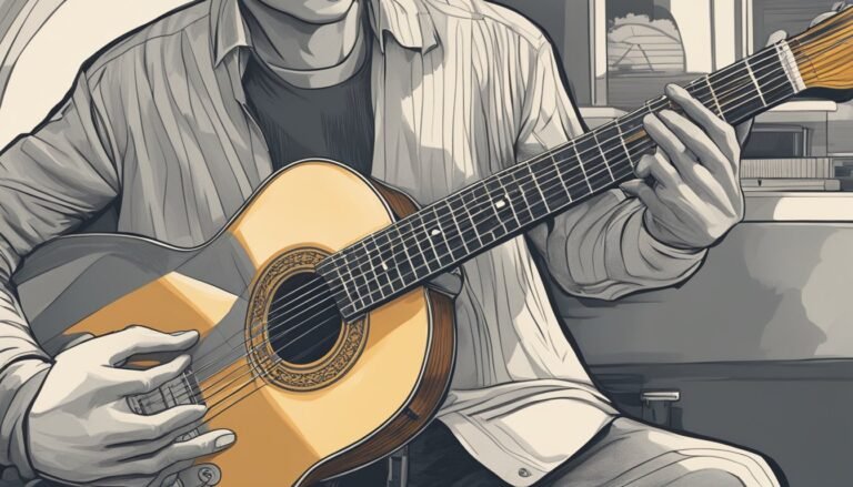 Person playing an acoustic guitar, close-up, black and white illustration