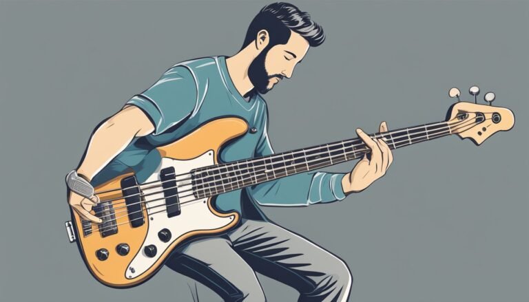 Illustration of a man playing a bass guitar, focused and concentrated