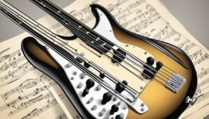 Two electric bass guitars on top of sheet music