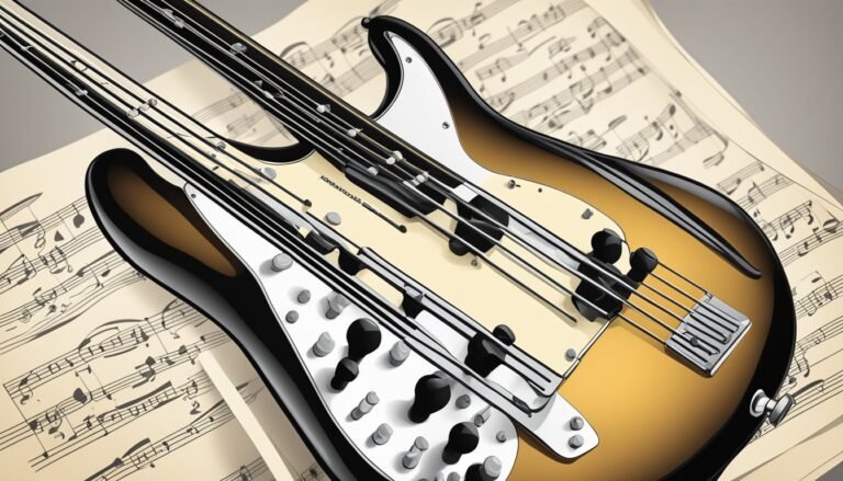 Two electric bass guitars on top of sheet music