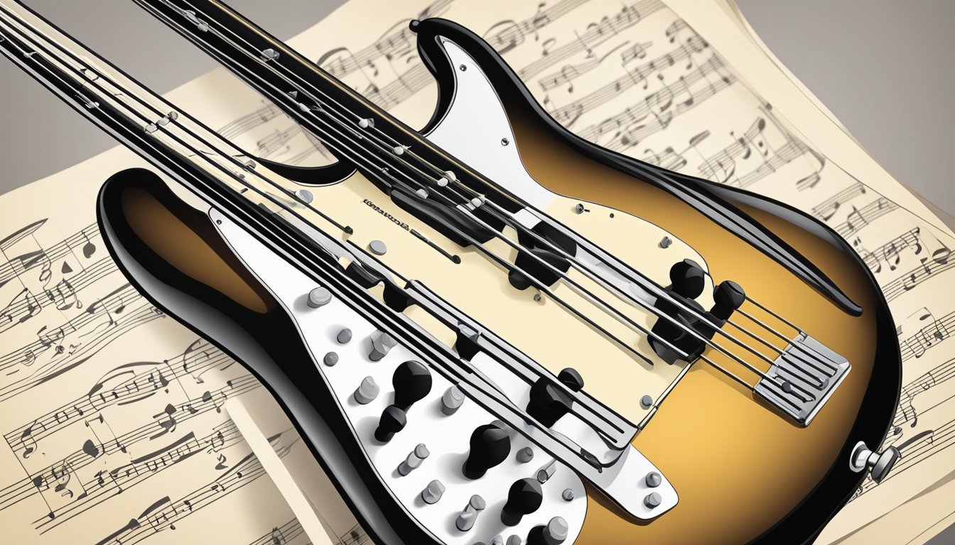 Two electric bass guitars on top of sheet music