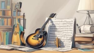 Two guitars, sheet music, and books on a desk, artistic illustration