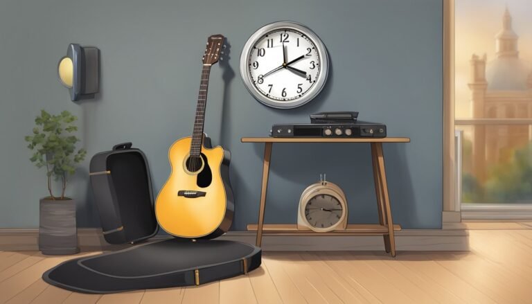 Acoustic guitar, clock, and stereo equipment in a room with a view