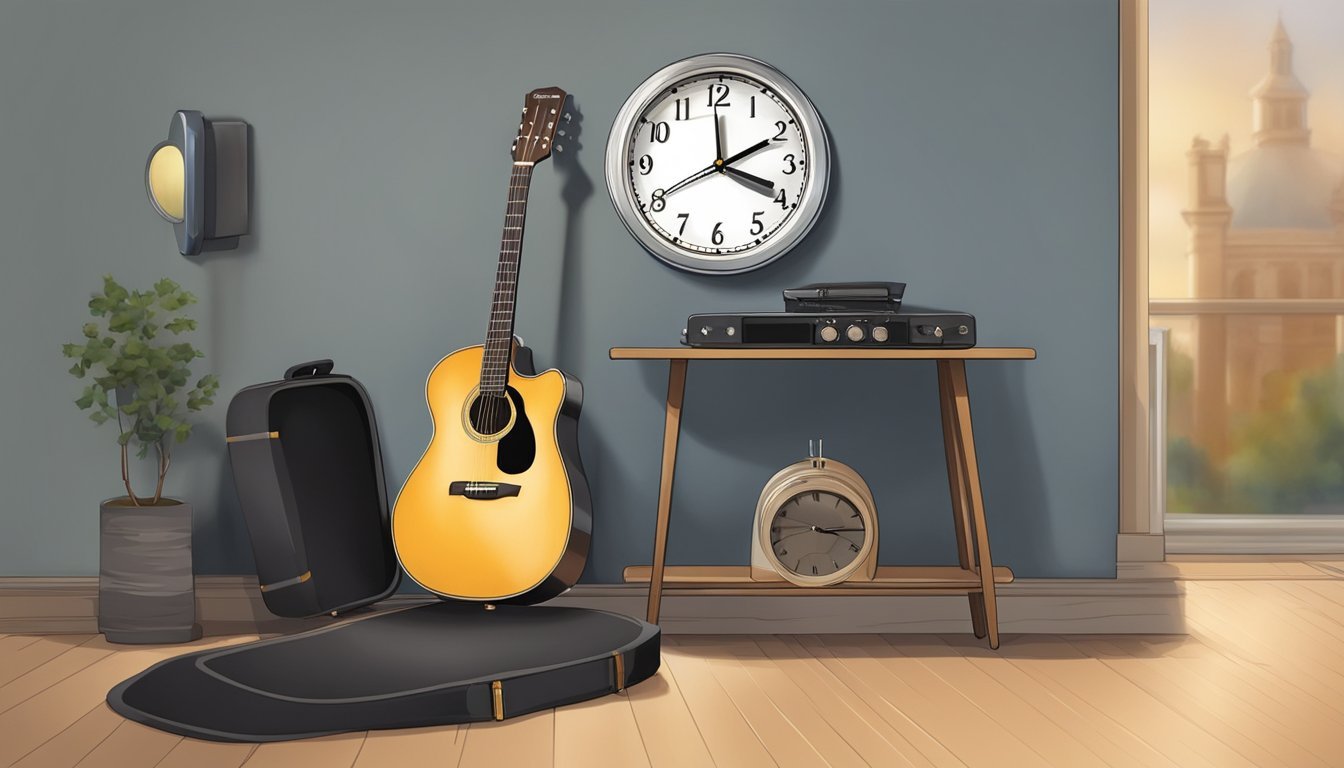 Acoustic guitar, clock, and stereo equipment in a room with a view