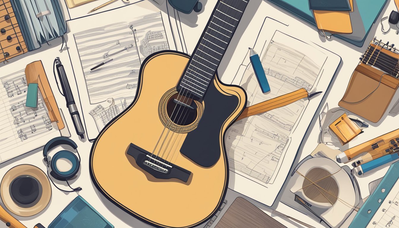 Acoustic guitar, sheet music, and music accessories on a white surface
