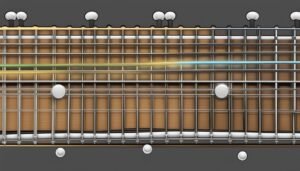 Close-up of a guitar fretboard with strings and tuning pegs