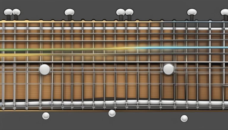 Close-up of a guitar fretboard with strings and tuning pegs
