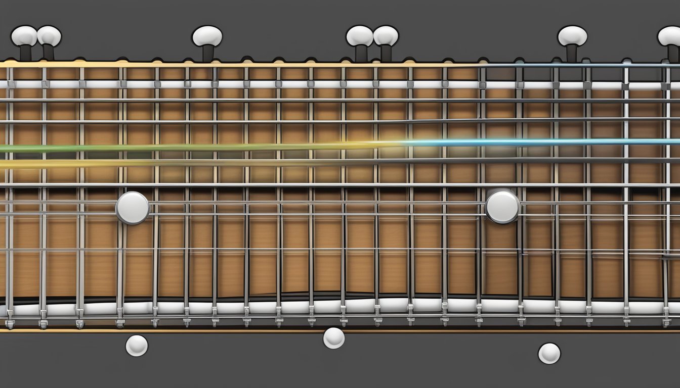 Close-up of a guitar fretboard with strings and tuning pegs