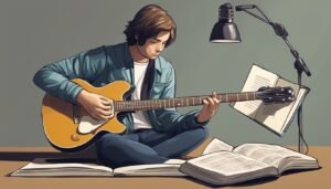 A man sits playing a yellow guitar with books and a lamp