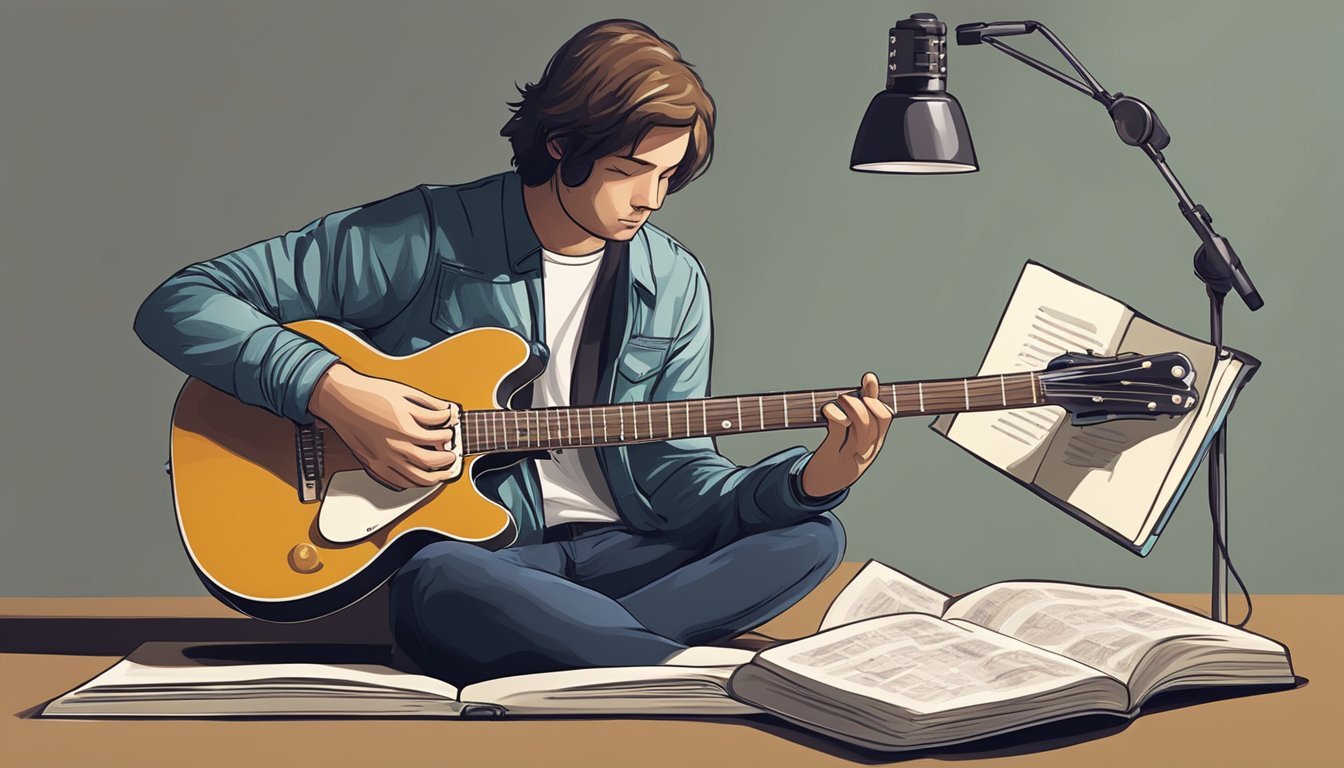 A man sits playing a yellow guitar with books and a lamp