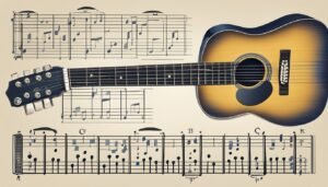 Acoustic guitar with musical notes on a beige background