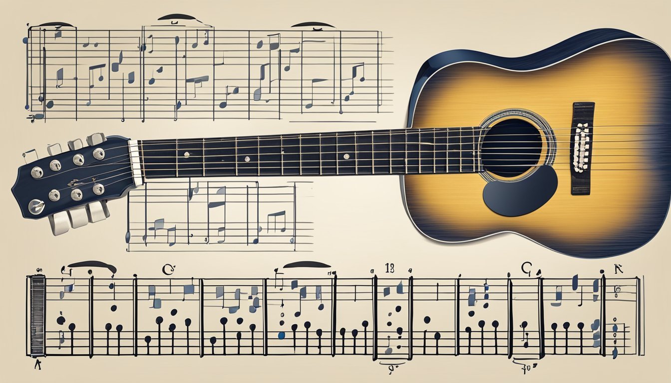 Acoustic guitar with musical notes on a beige background
