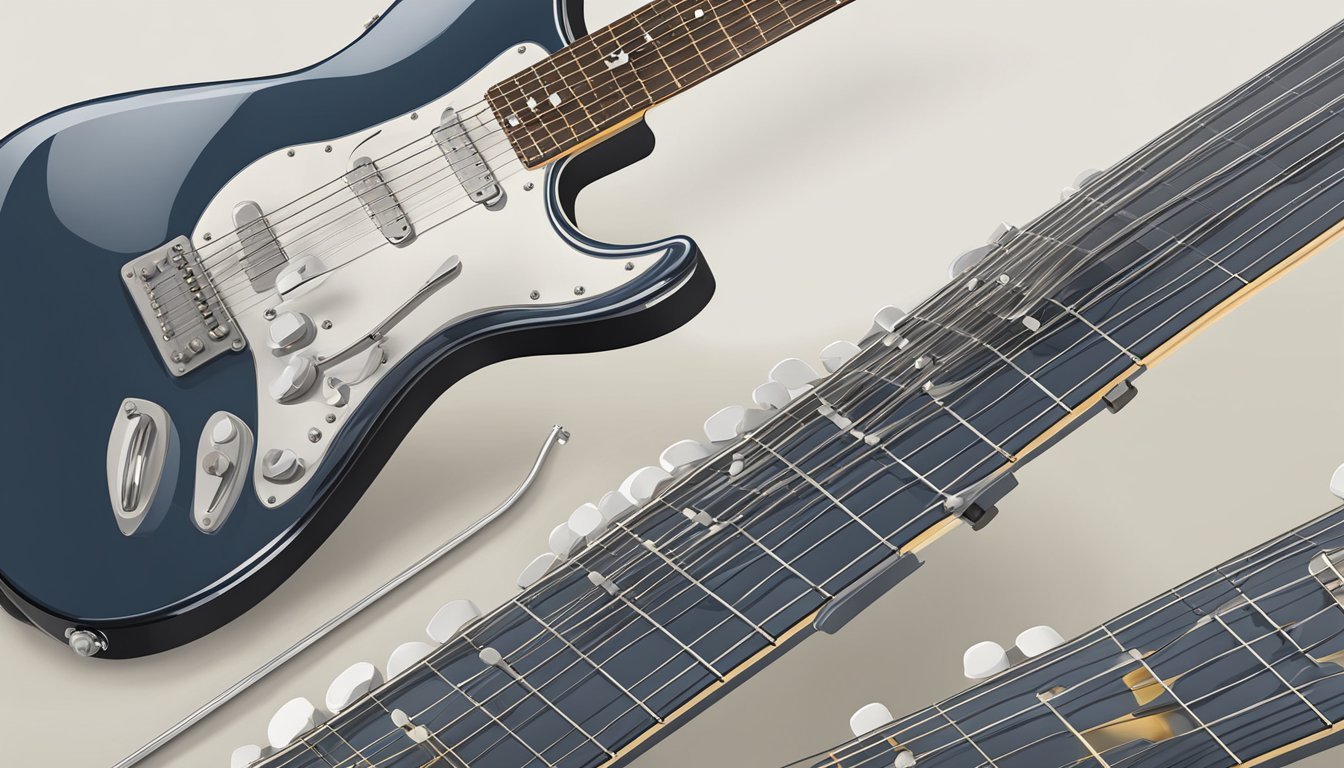 Blue electric guitar and 12-string guitar necks on a neutral background