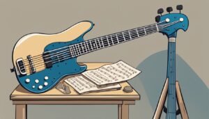 Blue and beige bass guitar with sheet music on a table