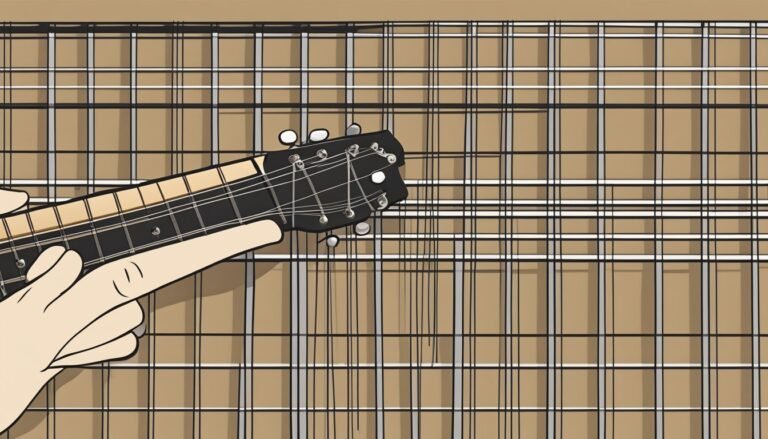 Cartoon image of a hand playing a guitar against a plaid background