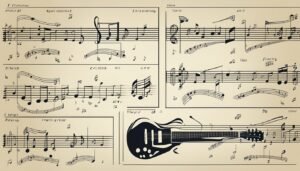 Sheet music with a black guitar silhouette and musical notes scattered around