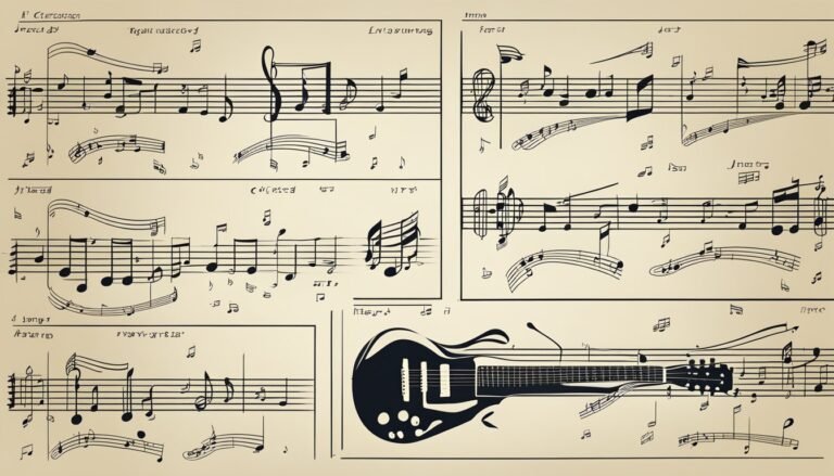 Sheet music with a black guitar silhouette and musical notes scattered around