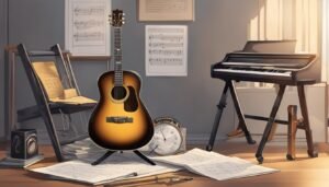 Acoustic guitar, piano, sheet music, and a clock in a music room