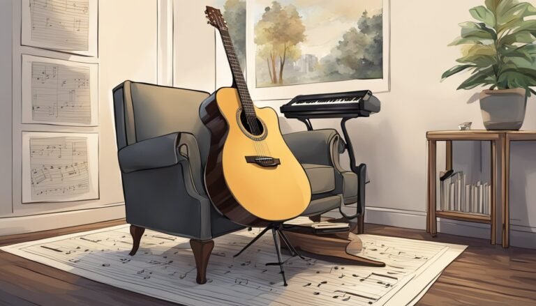 Acoustic guitar leaning on a chair in a music-themed room with sheet music