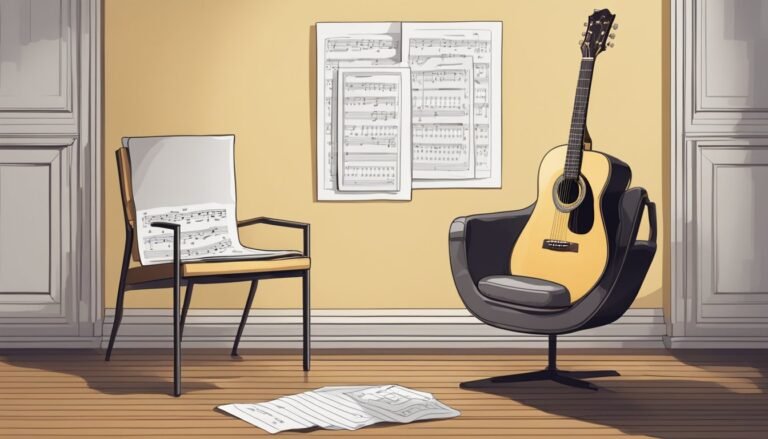 Acoustic guitar in a chair with sheet music on the wall and floor