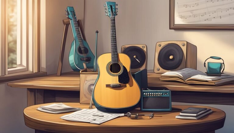 Acoustic guitars, speakers, and music sheets on a wooden table